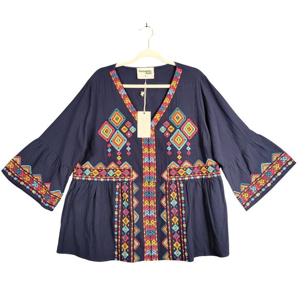 NWT SAVANNA JANE PT11259 Blue Geometric Aztec Embroidered V-Neck Top SIZE 2X - Picture 2 of 11